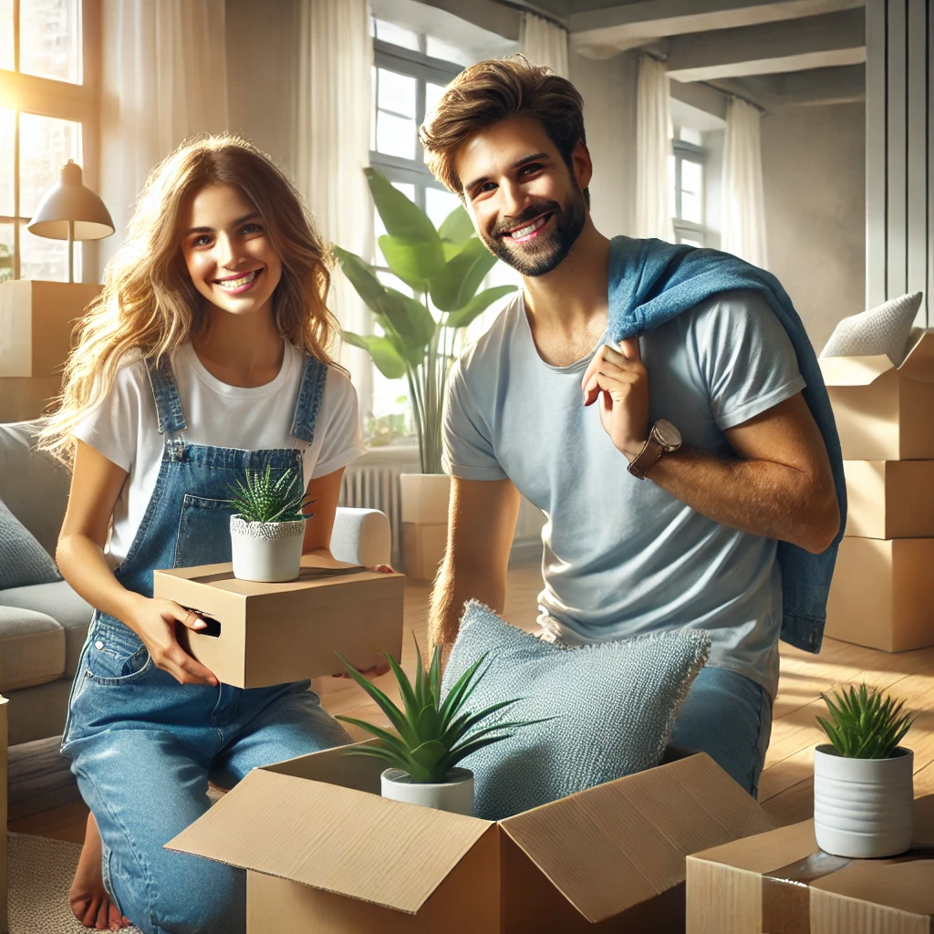 Happy couple moving in and unpacking